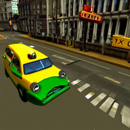 Image similar to ps 2 game about a frog driving a taxi, unreal 4 screenshot,