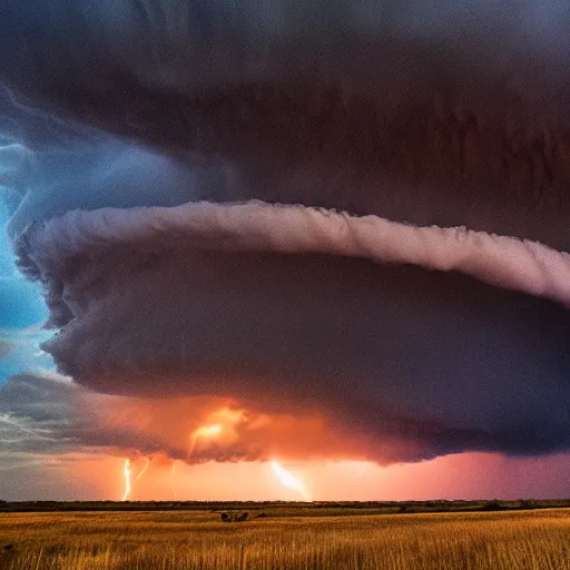 Image similar to West Texas storm chaser Laura Rowe captured the picture of a lifetime, fantastic shot of a mature supercell thunderstorm, illuminated at varying heights from the setting sun.