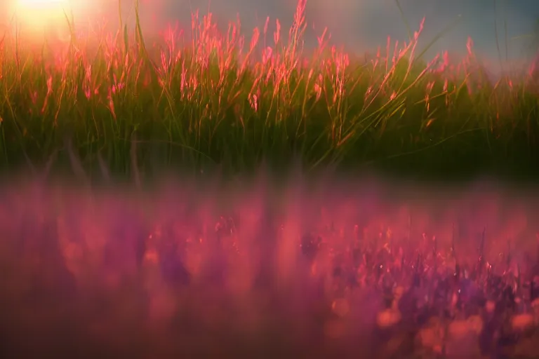 Prompt: a field of colorful weeds, cinematic, pink dawn, backlit, lensflare, octane render, artstation