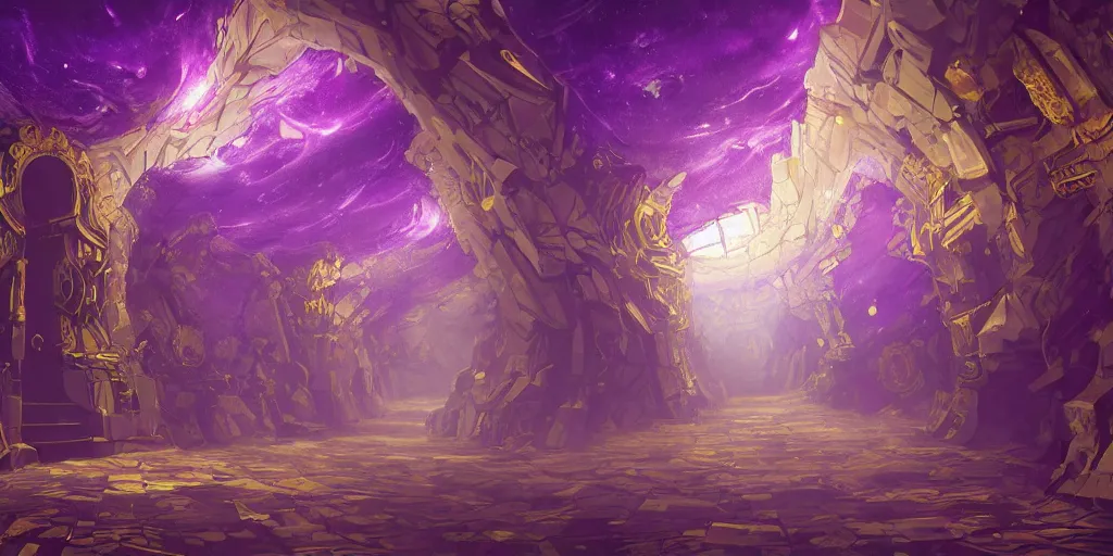 Image similar to ultrawide shot of purple marble hallway, giant gold pillars, floating purple geometric shapes, concept art, anato finnstark style,