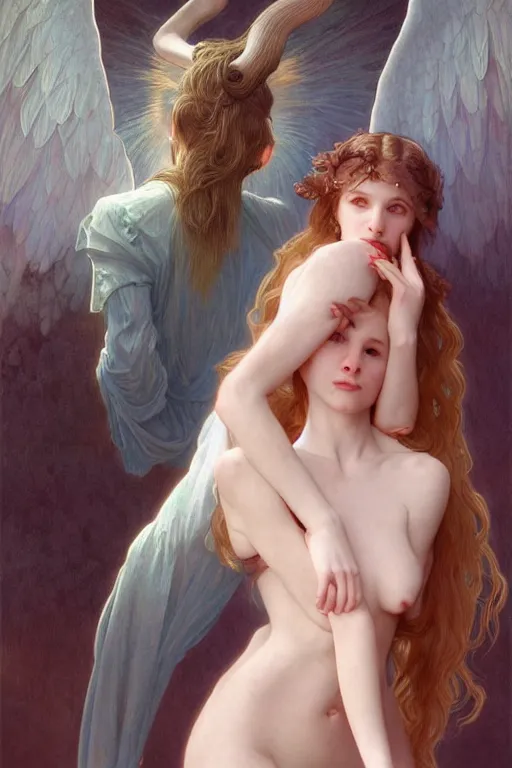 Image similar to Portrait of beautiful pale demonic angelic girl with devil\'s horns and nimbus, cinematic lighting, intricate, elegant, highly detailed, digital painting, artstation, smooth, sharp focus, illustration, art by artgerm and greg rutkowski and alphonse mucha and Wayne Barlowe and william-adolphe bouguereau