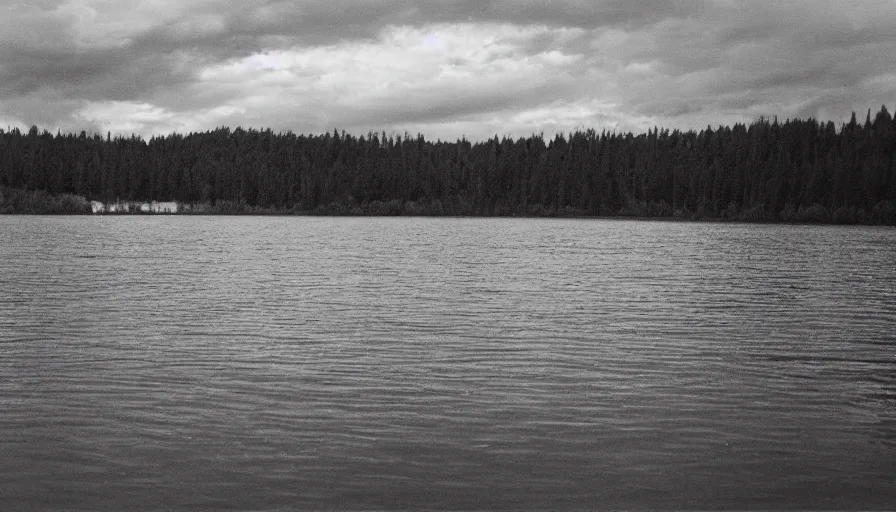 Image similar to photograph of an infinitely long rope floating on the surface of the water, the rope is snaking from the foreground towards the center of the lake, a dark lake on a cloudy day, anamorphic lens, kodak color film stock