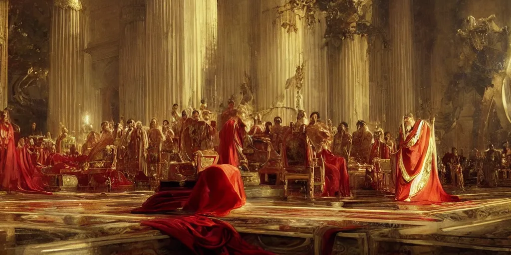 Image similar to beautiful oil painting, steve buscemi in royal crimson robes enthroned as the god emperor of ancient rome surrounded by servants in gilded halls a golden wreath upon his head, by anders zorn, wonderful masterpiece by greg rutkowski, beautiful cinematic light, american romanticism, by thomas lawrence, greg rutkowski