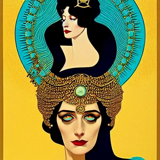 Prompt: turquoise and gold and black portrait of the young actress, eva green as queen of the emerald dead, comic art by joshua middleton, art by coles phillips, tendrils, vamp, elegant, decadent, stylised comic art, klimt, mucha, 1 9 7 0 s poster,