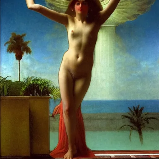 Image similar to Girl with a blood chalice at the palace, thunderstorm, pool, beach and palm trees on the background major arcana sky, by paul delaroche, alphonse mucha and arnold böcklin arnold böcklin hyperrealistic 8k, very detailed