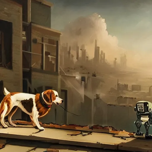 Image similar to a dog and a robot watching destroyed city from a rooftop, painting , beautiful, Concept art