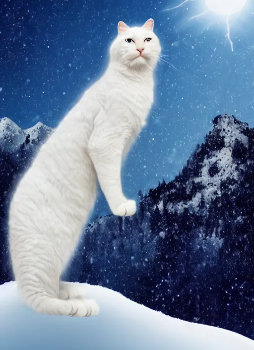 Image similar to giant white cat on a snowy mountain with lightning coming out of its hands, blue sky background with moon