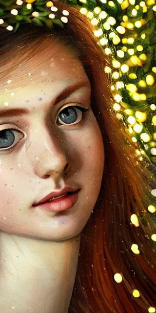 Image similar to young woman, serene smile, surrounded by golden firefly lights, amidst nature fully covered by a intricate detailed dress, long red hair, precise linework, accurate green eyes, small nose with freckles, smooth oval shape face, empathic, expressive emotions, spiritual scene, hyper realistic ultrafine art by artemisia gentileschi, jessica rossier, boris vallejo