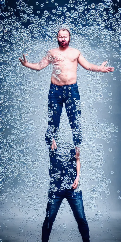 Prompt: a man covered in bubbles from head to toe