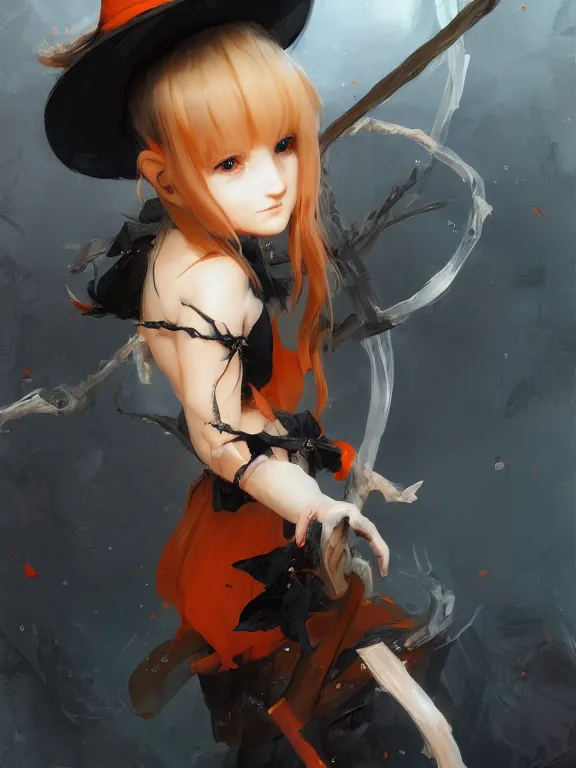 Image similar to Full shot of a cute mischievous young witch about to get up to some trouble. Black and Orange palette. By Ruan Jia and Artgerm and Range Murata and WLOP and CLAMP. Key Art. Fantasy Illustration. award winning, Artstation, intricate details, realistic, Hyperdetailed, 8k resolution.