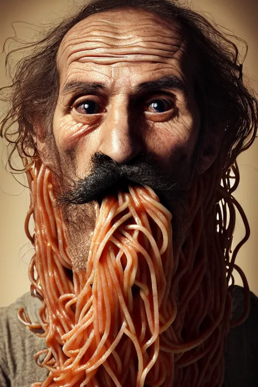 Prompt: extremely detailed portrait of old italian cook, spaghetti mustache, slurping spaghetti, spaghetti in the nostrils, spaghetti hair, spaghetti beard, huge surprised eyes, shocked expression, scarf made from spaghetti, full frame, award winning photo by michal karcz and yoshitaka amano
