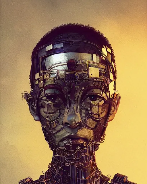 Image similar to grimes!! [ in cyberpunk attire ]!!, made of wires and metallic materials!!, portrait!!, digital art, afrofuturism, tarot card, 4 k, digital art, illustrated by greg rutkowski, max hay, rajmund kanelba, cgsociety contest winner