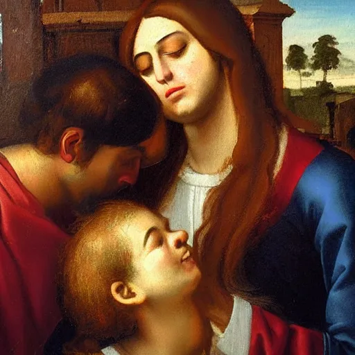 Image similar to an oil panting of a jesus kissing maria maddalena