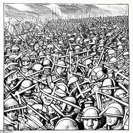 Image similar to first world war drawing, where is waldo style, high detailed print