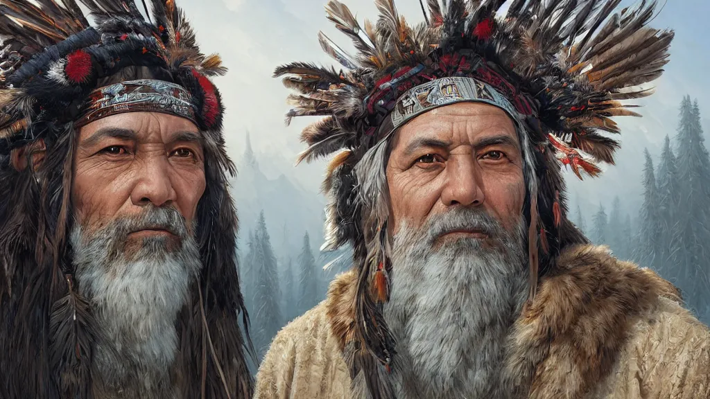 Prompt: highly detailed portrait of a grizzled indigenous man, feathered headdress, traditional clothing, unreal engine, fantasy art by greg rutkowski, ferdinand knab, makoto shinkai and lois van baarle, ilya kuvshinov, rossdraws, tom bagshaw, global illumination, radiant light, detailed and intricate environment