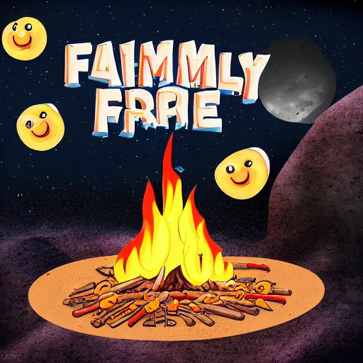 Image similar to family of fries making a campfire on the moon