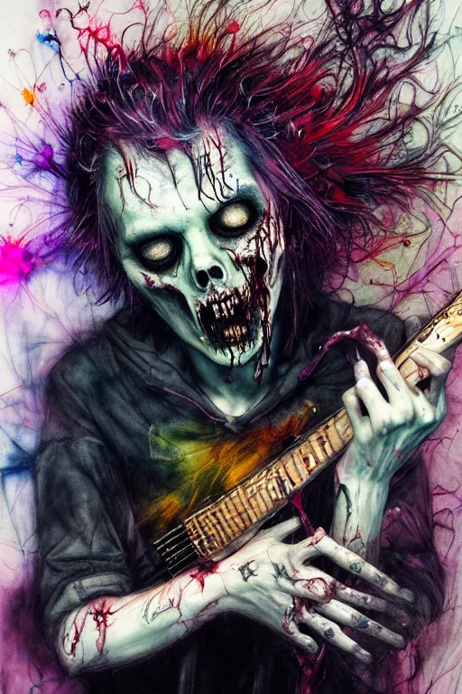 Prompt: zombie punk rocker playing guitar by agnes cecile, brian froud, intricated details, 3 / 4 view, full body portrait, extremely luminous bright design, horror, pastel colours, toxic drips, autumn lights