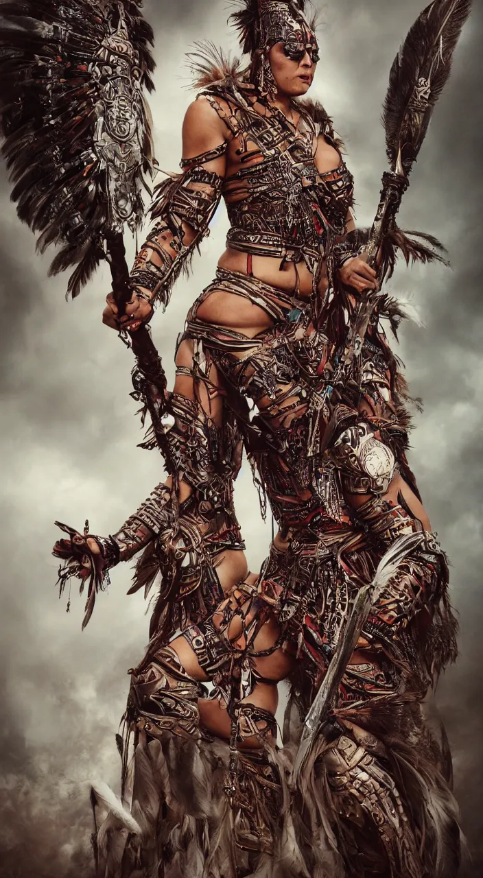 Prompt: editorial full body photo portrait of enormous Maori warrior princess with a sword, warrior body, feathers and paint, photo by mario testino, cinematic, hyper detailed, micro details, insanely detailed, trending on artstation,dark background, dramatic lighting, cinematic angle, concept art, insanely detailed and intricate