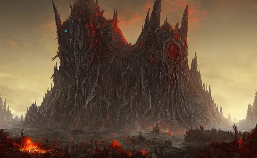 Prompt: an evil wretched structure created by hell's infamous demon lord, towering over bleak landscape below. trending on artstation, doom eternal, dark souls, wayne barlow