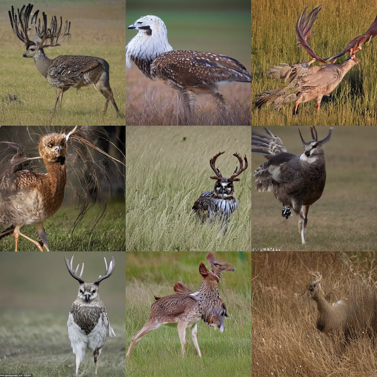 Prompt: a feathered deer with bird feathers as fur, owl feathers, full antlers, nat geo, national geographic, photo, nature photography, f16, telephoto zoom, 100mm, wide shot, walking on grass