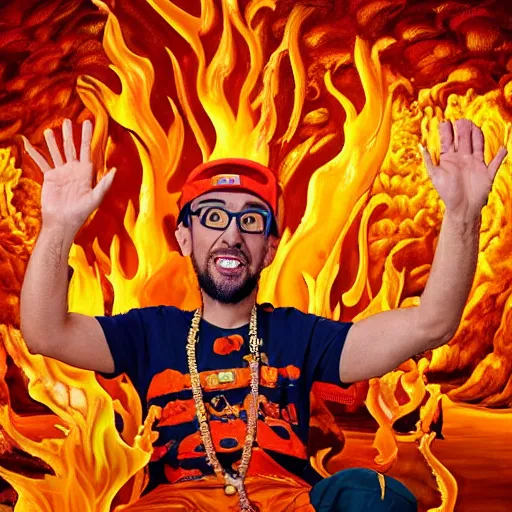 Prompt: close-up of Blippi sitting on a golden throne in a fiery hellish cave, oil painting, 8k, highly detailed, highly intricate,