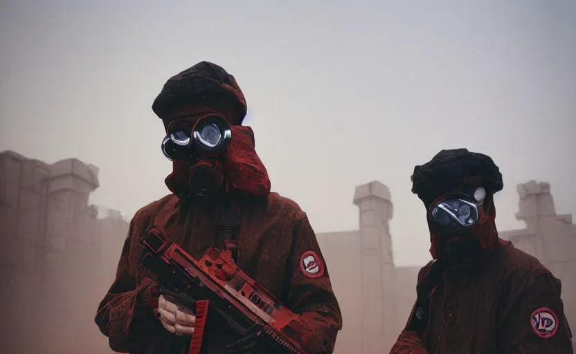 Image similar to cinestill 5 0 d photographic portrait by helen levitt of dark red hazmat scientists with guns walking through a brutalist hedge maze, extreme closeup, cinematic, modern cyberpunk, dust storm, 8 k, hd, high resolution, 3 5 mm, f / 3 2, tenet