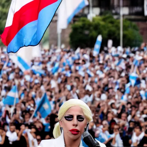 Image similar to Lady Gaga as president, Argentina presidential rally, Argentine flags behind, bokeh, giving a speech, detailed face, Argentina