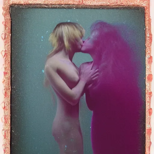 Image similar to a scratched, textured, severely chemically damaged, multilayered gum bichromate print of a blurry, dreamy faint close - up by david lachapelle of women kissing romantically.