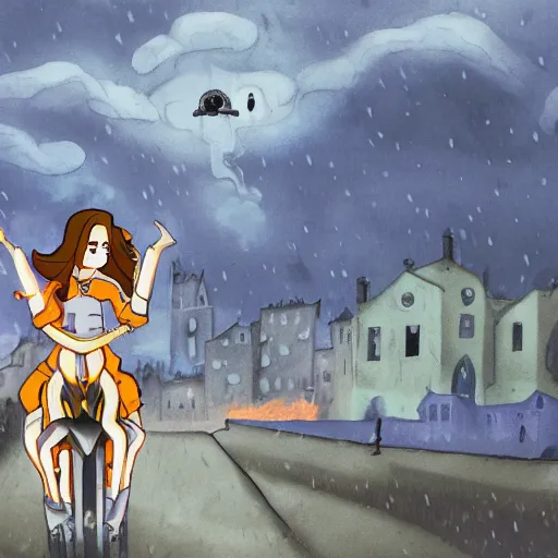 Prompt: young woman, riding a mech, in medieval town on fire, with blue ghost in the sky, light grey lighting in the sky, menacing clouds, rainy night