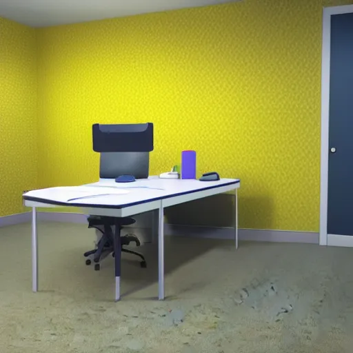 Prompt: 3 d render of jerma 9 8 5, jerma in a liminal space, non - euclidean space, endless halls of an office space, worn mono - yellow 7 0 s wallpaper, old moist carpet, inconsistently - placed fluorescent lighting, high octane, blender, 3 d render