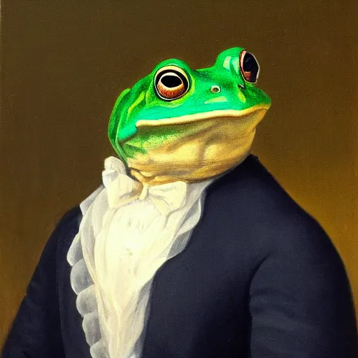 Image similar to oil painting portrait of a frog as a french aristocrat,