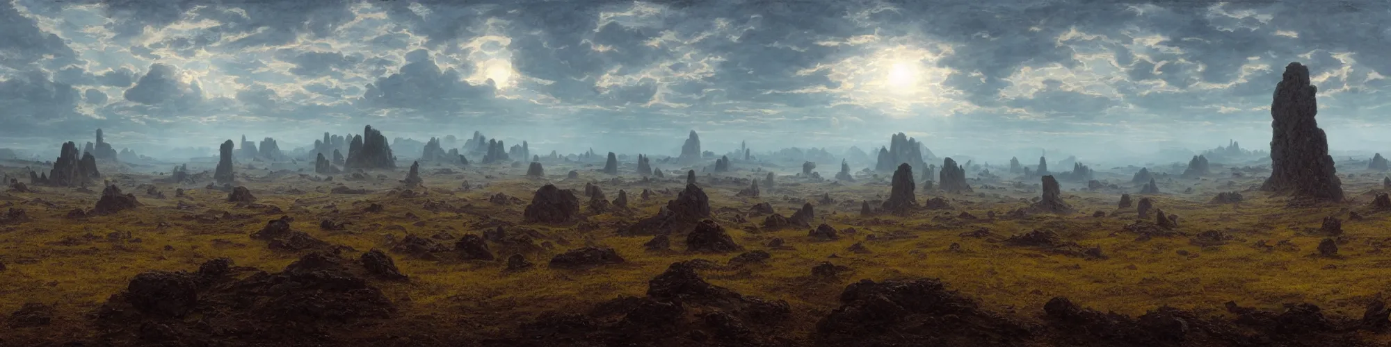 Image similar to panorama view of the background environment without main subject to focus on, no people nor a person, volumetric light from nearby sources, style by caspar david friedrich and wayne barlowe and ted nasmith.