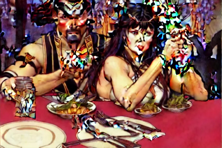 Image similar to xena warrior princess eating at a restaurant, with a hispanic man in a suit as her companion, art by artgerm and greg rutkowski and alphonse mucha