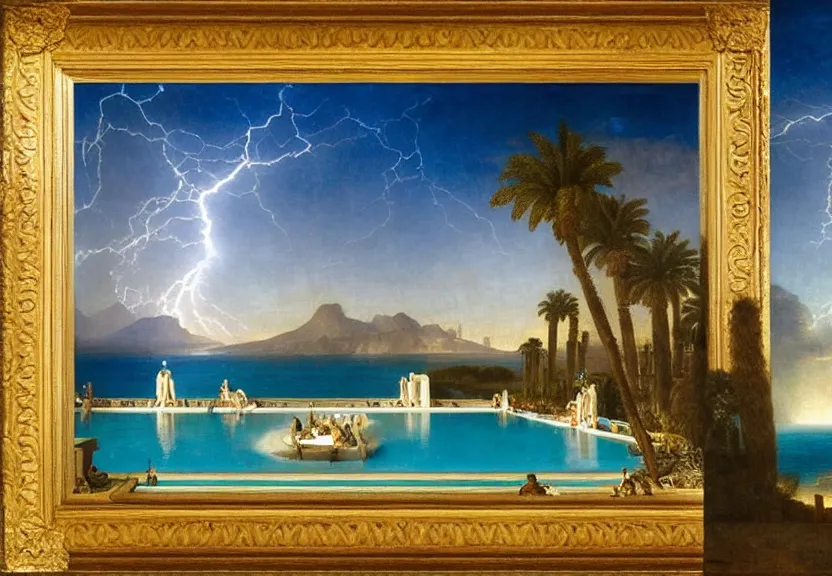 Image similar to The biggest palace ever made, thunderstorm, greek pool, beach and palm trees on the background major arcana sky, by paul delaroche, hyperrealistic 8k, very detailed