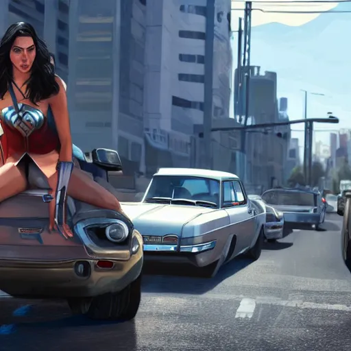 Image similar to gal gadot in gta v, cover art by stephen bliss, artstation, no text