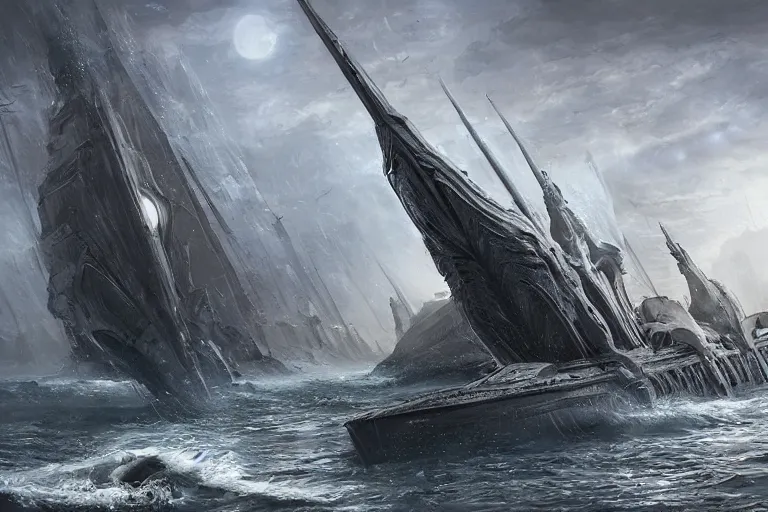 Image similar to Trireme, Charybdis by HR Giger, by Jessica Rossier and cinematic concept painting