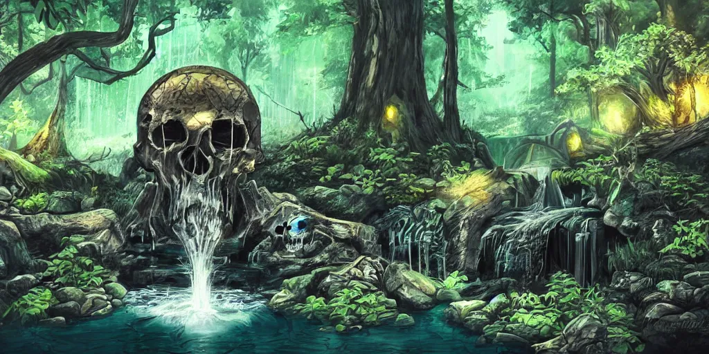 Prompt: illustration, forest, huge skull head, waterfall, fountain, darkness, light, river, fantasy