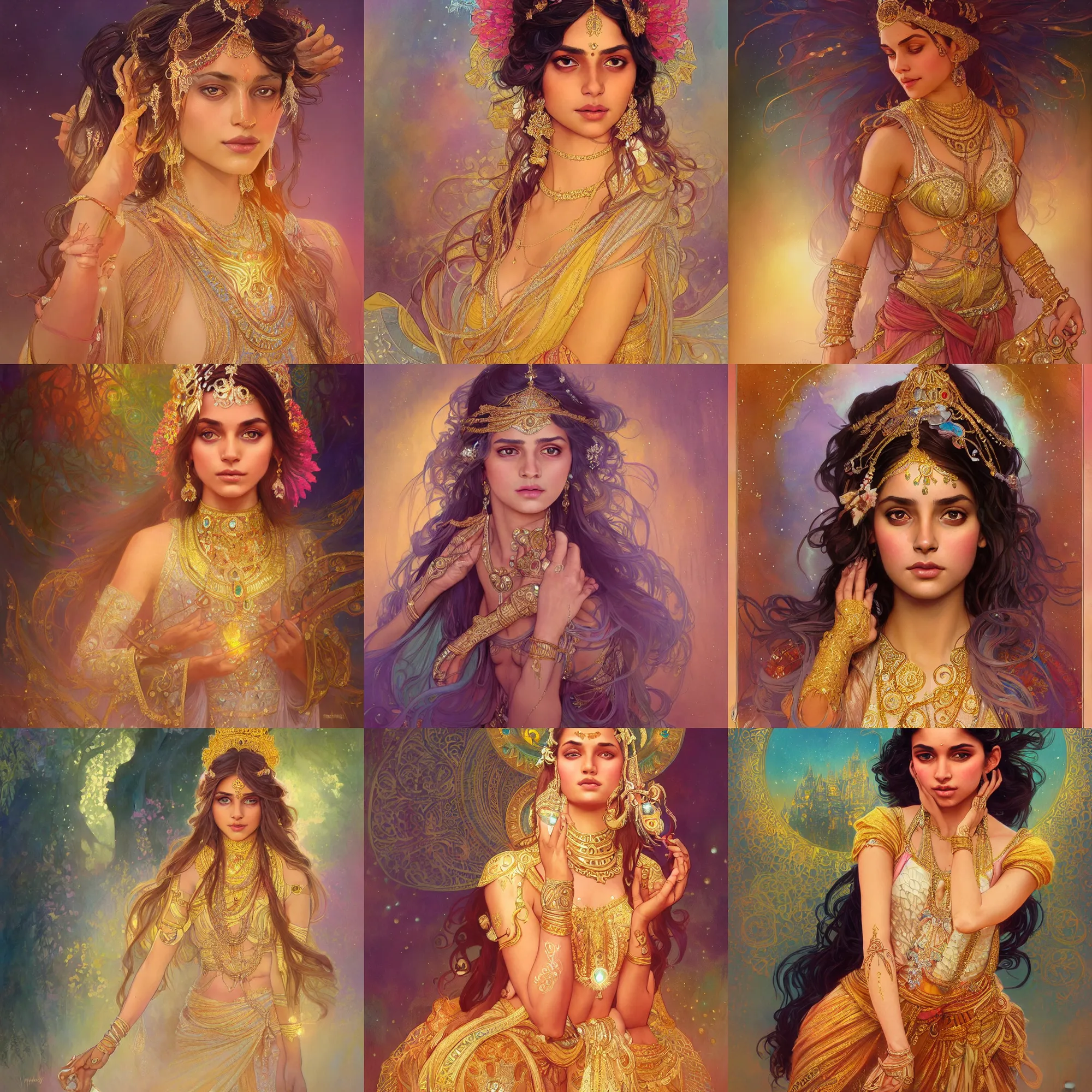 Prompt: beautiful indian princess with sparkling eyes, full body portrait, highly detailed, revealing gold filigree, fantasy, soft cinematic lighting, award, disney concept art, watercolor illustration by mandy jurgens and alphonse mucha and alena aenami, pastel color palette, featured on artstation