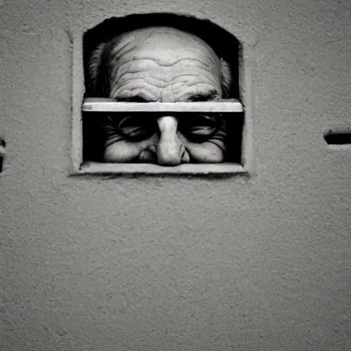 Image similar to a smiling old man peeking around a wall at night