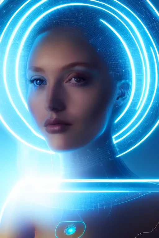 Image similar to portrait of the goddess of artificial intelligence as a holohram of a beautiful girl, in front of a shining orb of data, threads of light in the background, detailed eyes, extremely high quality artwork, very detailed, trending on artstation