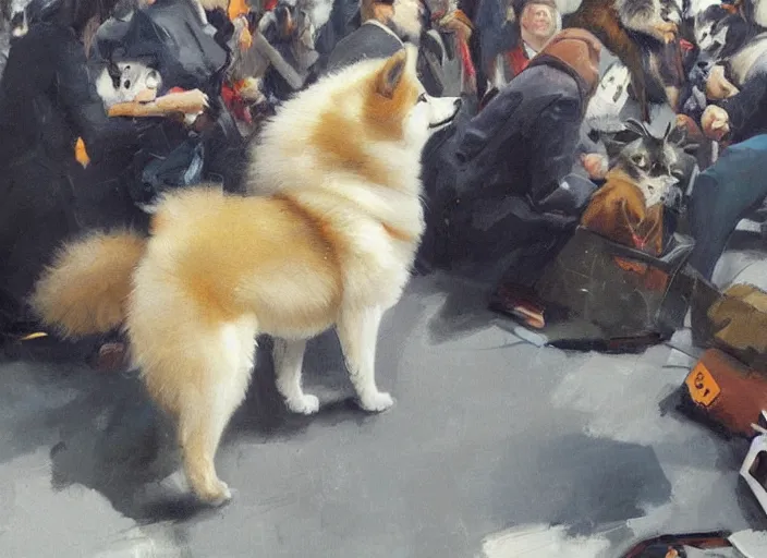Prompt: a highly detailed beautiful portrait, extremely detailed illustration of a pomsky dog sad and crying while he is looking at the market crash, by gregory manchess, james gurney, james jean