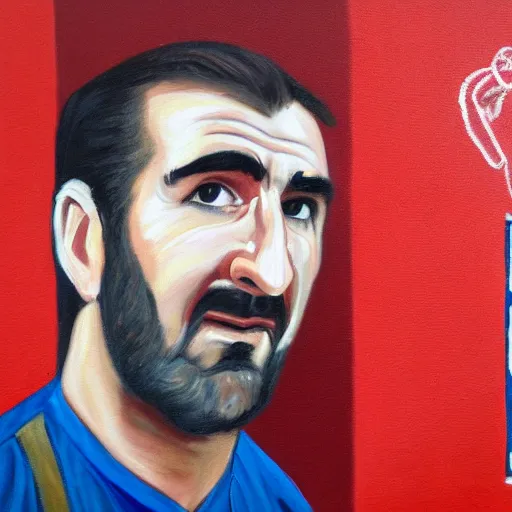 Image similar to a painting of Eric Cantona, in front of a red wall, dripping.