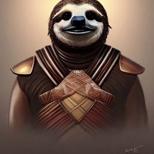 Prompt: graphic, hyperreal illustration of anthropomorphic sloth in traditional samurai armor : : digital art, concept art, character development : : illustrated by artgerm
