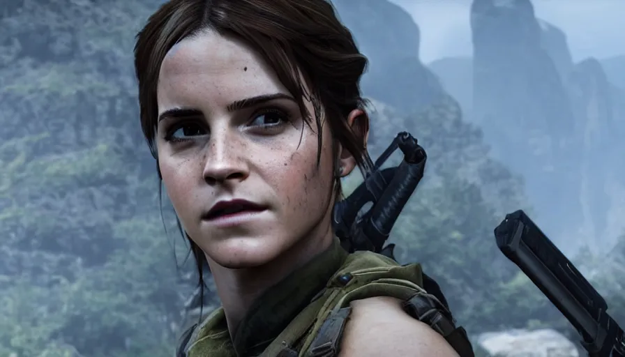 Image similar to emma watson as lara croft in the new videogame, 8 k screenshot closeup