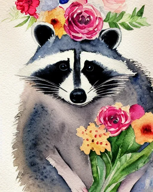 Prompt: a watercolor portrait of a cute raccoon with a crown of flowers