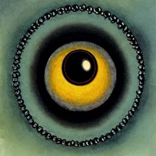 Image similar to an gothic, cosmic horror eyeball made out of hundreds of smaller eyeballs in a dark, atmospheric painting