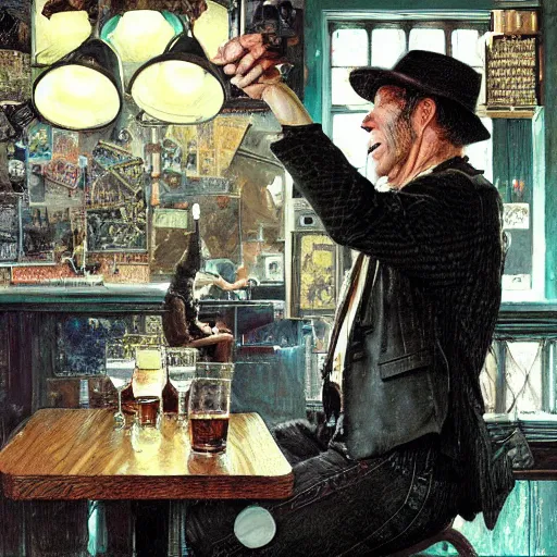 Image similar to Tom Waits singing in a pub, highly detailed, digital painting, artstation, concept art, smooth, sharp focus, illustration, art by james gurney and norman rockwell and greg rutkowski chuck close