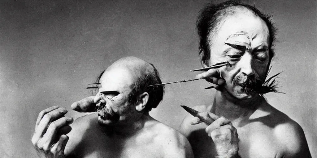 Image similar to a man removing a nail from the middle of his forehead where he has a third eye by dali