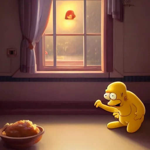 Prompt: Homer Simpson is just a cute little mouse, just a cute little thing, mouse body, high focus, wood paneling, warm lighting, by Artgerm and greg rutkowski, deviantart