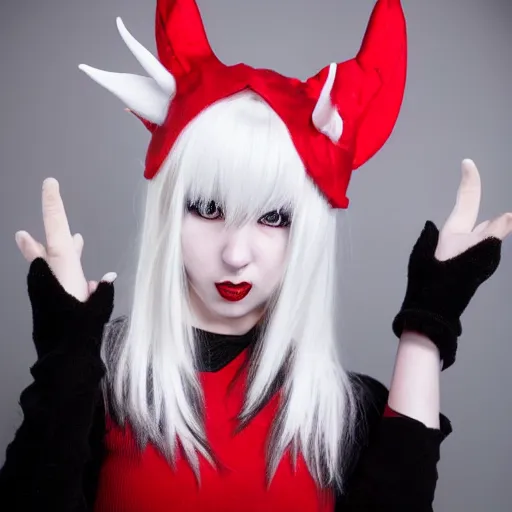 Image similar to white haired red eyed anime girl, devil horns, elf ears